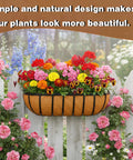Gonna Love How Fresh These 2 Pack 24 Inch Railing Planter Boxes Look On Your Patio Featuring Heavy Duty Metal Frames And Natural Coir Liners Zero Fuss Window Boxes For Deck Balcony with vibrant flowers on a white fence.
