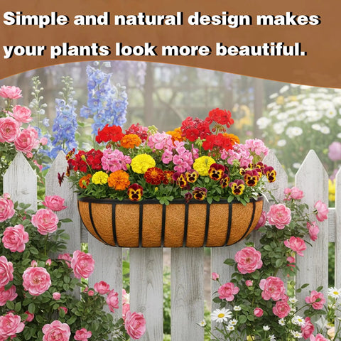 Gonna Love How Fresh These 2 Pack 24 Inch Railing Planter Boxes Look On Your Patio Featuring Heavy Duty Metal Frames And Natural Coir Liners Zero Fuss Window Boxes For Deck Balcony with vibrant flowers on a white fence.