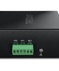 Industrial 16 Port Gigabit DIN Rail Switch With 32Gbps Capacity NDAA And TAA Compliant, front view showing terminal block and metal casing.