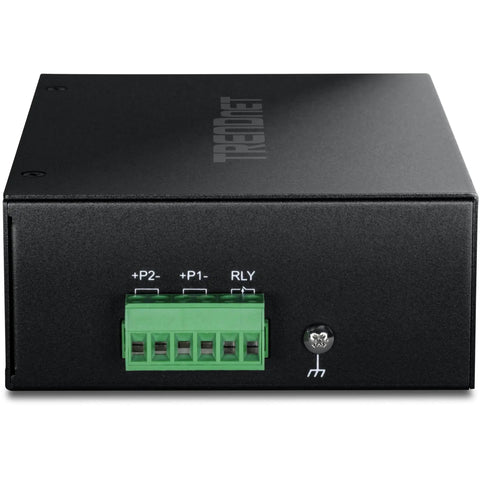 Industrial 16 Port Gigabit DIN Rail Switch With 32Gbps Capacity NDAA And TAA Compliant, front view showing terminal block and metal casing.