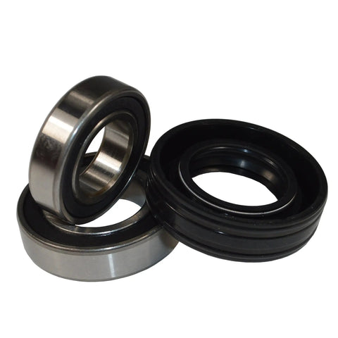 Heavy Duty Washer Tub Bearing And Seal Kit Replacement featuring two tough bearings and one failproof gasket close-up image.