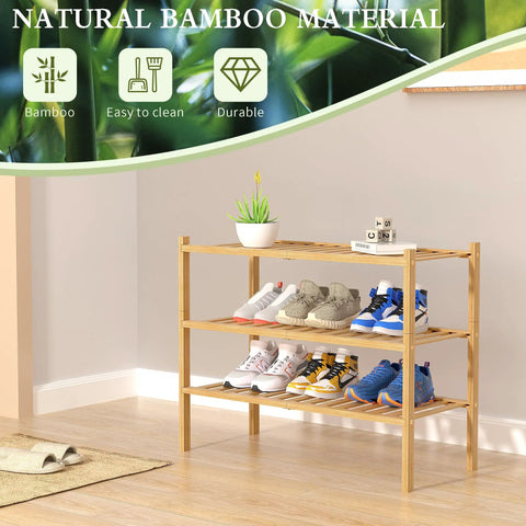 Built Tough 3 Tier Bamboo Shoe Rack, Heavy Duty Freestanding Entryway Shelf For Closets Or Tiny Rooms, No Fuss Natural Wood Storage Rack With Deep Shelves 27X11X20