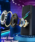 Exploded view of desktop PC speakers with easy knob for rich clear powerful sound touch lights plug and play USB and AUX