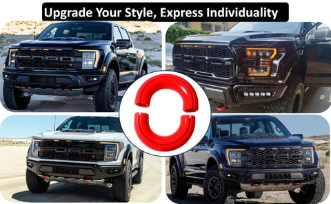 Ford Tow Hook Cover For F150 2004 2025 Bronco Base Big Bend Outer Banks 2021 2025 And Toyota Tundra 2017 2021 Front Hitch Cover Red Replacement Accessory For Truck Enthusiasts shown on various trucks in red silicone.