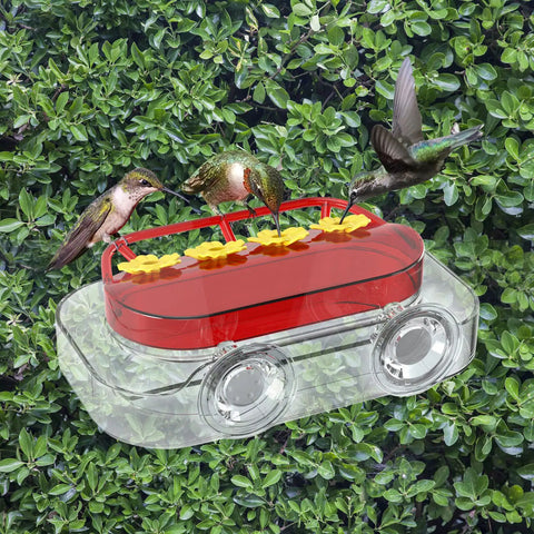 Two Pack Window Hummingbird Feeder With Four Feeding Ports, ultra strong suction cups attached, clear plastic, birds feeding