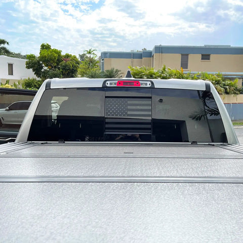 Dodge Ram Rear Window American Flag Decal Matte Black USA Flag Sticker on truck back sliding window, easy install.