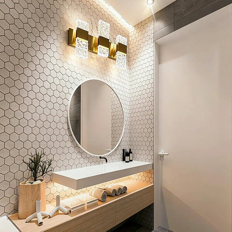 Modern LED Vanity Lights For Bathroom Over Mirror In Brushed Gold With Crystal Accent Fixtures Two Lights Sleek Wall Sconces 20W 3000K 15 Inch Dimmable Energy Efficient Easy Install