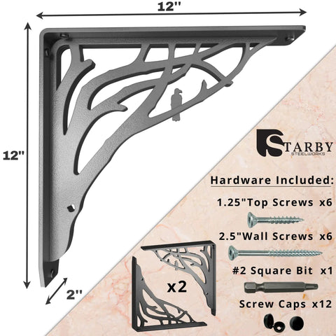 Heavy Duty Shelf Bracket Kit 12 x 12 Inch Set of Two, Cast Iron Finish with decorative corbel design and included hardware