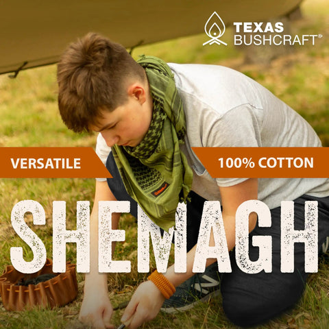 Person wearing Desert Shemagh Tactical Scarf 43x43 Inches, 100 Percent Cotton Keffiyeh For Camping, Hiking And Backpacking outdoors