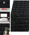 Sleek Black 3D Wall Panels Peel And Stick Foam Brick Wallpaper Tiles Self Adhesive DIY Home Decor on walls in various rooms.