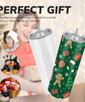 50 Pack 20 Oz White Sublimation Tumblers With Individual Gift Boxes, shown with festive designs and cheerful holiday scenes