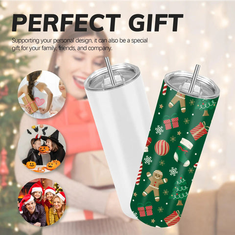 50 Pack 20 Oz White Sublimation Tumblers With Individual Gift Boxes, shown with festive designs and cheerful holiday scenes