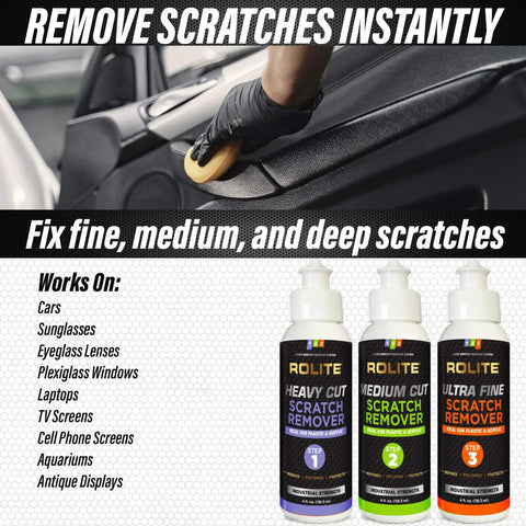 3 Step Scratch Removal Kit For Clear Plastic And Acrylic Surfaces With Heavy Cut, Medium Cut And Ultra Fine Pro Grade Polishing Compounds