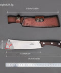 Beefy Dual Purpose Kitchen And Outdoor Cleaver For Bone Chopping And Bushcraft Wood Splitting Ultra Sharp 80 Degree Blade Heavy Duty Steel shown with leather sheath.