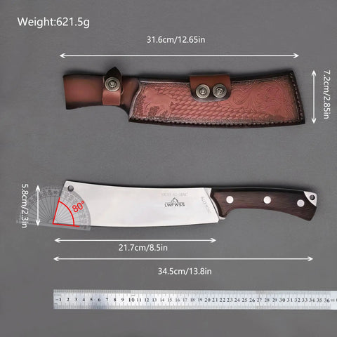 Beefy Dual Purpose Kitchen And Outdoor Cleaver For Bone Chopping And Bushcraft Wood Splitting Ultra Sharp 80 Degree Blade Heavy Duty Steel shown with leather sheath.