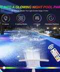 Epic Pool Fountain With Lights For Above Ground And Inground Pools, Solar Powered Dual Layer Waterfall Sprinkler at night with remote