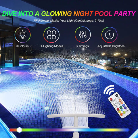 Epic Pool Fountain With Lights For Above Ground And Inground Pools, Solar Powered Dual Layer Waterfall Sprinkler at night with remote