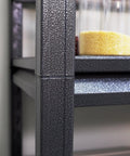 Close-up of Heavy Duty Metal Five Tier Storage Shelving Unit for Garage, Home and Office in black finish, corner detail.