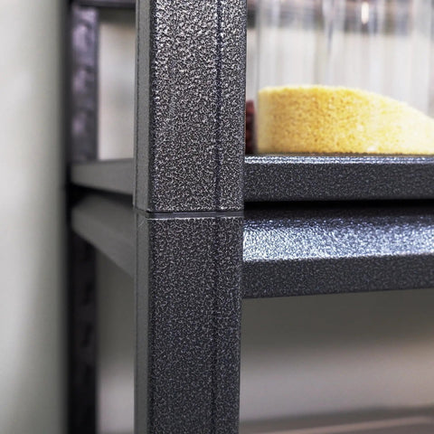 Close-up of Heavy Duty Metal Five Tier Storage Shelving Unit for Garage, Home and Office in black finish, corner detail.