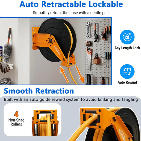 Heavy Duty Retractable Air Hose Reel With A Tough As Nails 50 Ft Epdm Rubber Hose No Sweat Auto Rewind Length Lock Wall Or Ceiling Mount Rig Built For Garage Pros Demanding Reliable 300 Psi Air Flow Every Day, showing smooth retraction features.