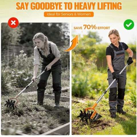 Two In One Rotary Hand Tiller For Gardening With Adjustable 63 Inch Stainless Steel Pole used by women for lawn care