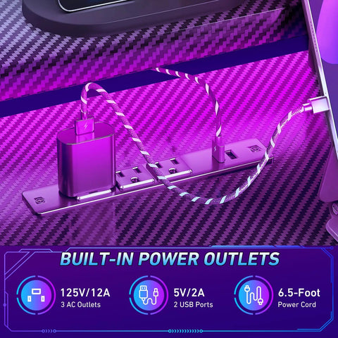 Close-up of built-in power outlets on 40 Inch Gaming Desk With LED Lights And Built In Power Outlets, L Shaped Corner Desk.