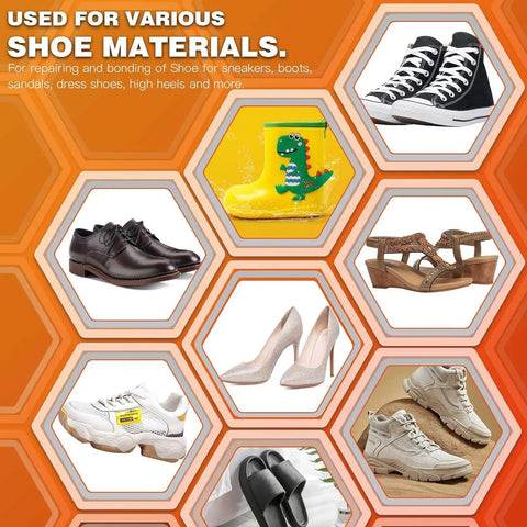 Various shoe types including sneakers, boots, and sandals with text 'Used for various shoe materials.'