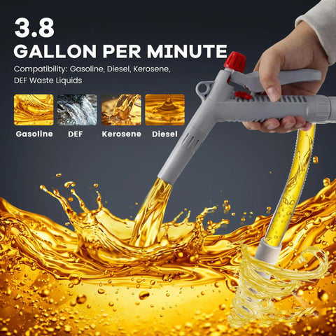 Heavy Duty Battery Powered Fuel Transfer Pump Pulling 3.8 Gallons Per Minute, dispensing fuel smoothly with a hose.