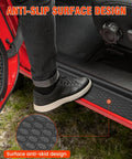 Person stepping onto Door Sill Guards Kit For 2018 To 2025 Jeep Wrangler JL JLU And Gladiator JT 4 Door Black Rubber Protectors.