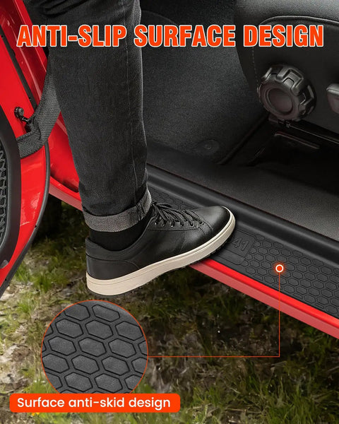 Person stepping onto Door Sill Guards Kit For 2018 To 2025 Jeep Wrangler JL JLU And Gladiator JT 4 Door Black Rubber Protectors.