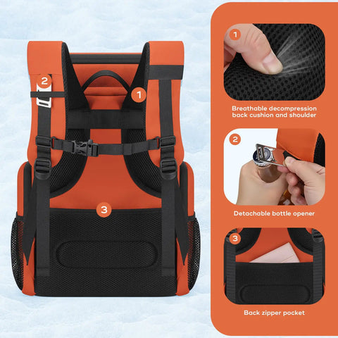 Back view of Insulated Cooler Backpack For 36 Cans Keeps Drinks Cold Up To 16 Hours Soft Ice Chest Bag Leakproof with features