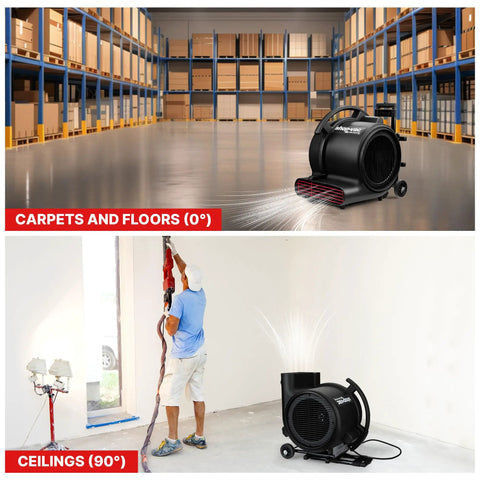 1800 CFM Floor Fan Air Mover With 3 Speed Settings Heavy Duty Blower used for drying surfaces and ceilings in warehouse and construction site.