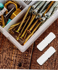 Pro Grade Nylon Hidden Fasteners For Wood Shelves And Cabinets 100 Pack concealed connectors with screws in storage box.