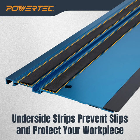 Sledge Through Long Boards With This 110 Inch Track Saw Guide Rail Set For Milwaukee Tools Featuring Dead On Accuracy, blue aluminum guide rail with underside strips.