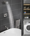 All In One Tub And Shower Faucet Set With Brushed Nickel Finish, Six Inch Rain Shower Head and Arm, Brass Valve, Stainless Tub Spout, Complete Shower System in a modern bathroom