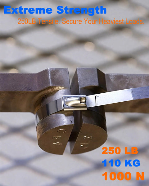 Close-up of heavy duty stainless steel zip tie, securing metal blocks, showing strength for auto repair and fencing.