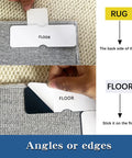 12 Pack Double Sided Rug Tape With Corner Grippers being applied to rug and floor setup instructions