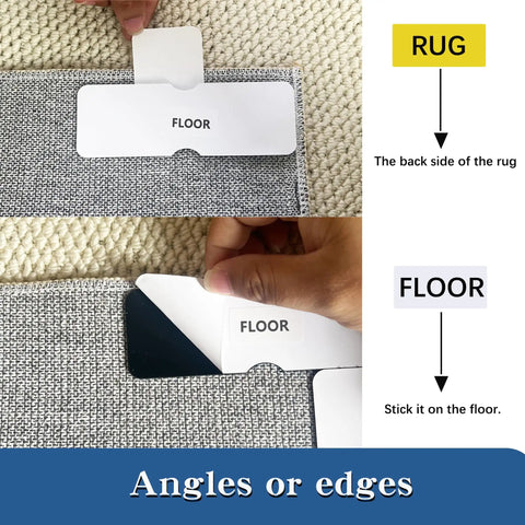 12 Pack Double Sided Rug Tape With Corner Grippers being applied to rug and floor setup instructions