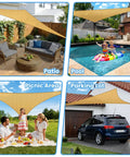 Collage of Triangle Sun Shade Sail 12 Foot By 12 Foot By 12 Foot Outdoor Patio Garden Deck Yard Canopy With Ropes Breathable Shade Blocks 95 Percent UV Rays Tear Resistant Fade Resistant Sand installed in various outdoor spaces including patio, pool, picnic area, and parking lot.