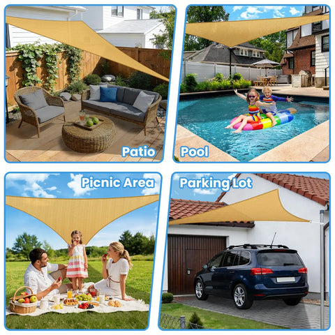 Collage of Triangle Sun Shade Sail 12 Foot By 12 Foot By 12 Foot Outdoor Patio Garden Deck Yard Canopy With Ropes Breathable Shade Blocks 95 Percent UV Rays Tear Resistant Fade Resistant Sand installed in various outdoor spaces including patio, pool, picnic area, and parking lot.