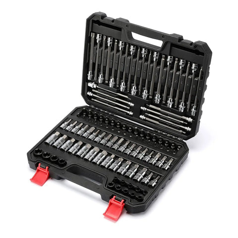Open case displaying 107 Piece Drive Socket Set with 1/4 3/8 and 1/2 inch bits, Torx tamper-proof, hex and ball end hex, SAE and metric sockets.