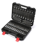 107 Piece Bit Socket Set for 1/4, 3/8 and 1/2 Inch Drives With Torx, Tamper Proof Torx, Hex, Ball End Hex, SAE and Metric Bits in Tough S2 Steel For Heavy Maintenance And Quick Fixes Around The Shop. Open case with assorted sockets and bits in black and red storage box.