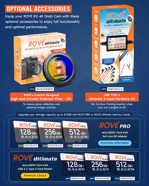 Image of 4K Dash Cam accessories including a circular polarizer filter, hardwire kit, and ROVE Pro memory cards.