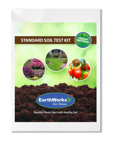 Front packaging of Soil Test Kit With Mail In Lab Analysis For PH And Nutrients, flower and vegetable images, EarthWorks logo.