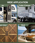 Image showing wide applications of RV Grab Handle Set Aluminum Entry Door Assist Bar For Camper Trailer Truck Cargo Trailer And Boat 2 Pack Black Tough As Nails Rust Resistant Aluminum With ABS Mounts For Easy Secure Grip In Any Weather on an RV, camper trailer, barn door, and boat.