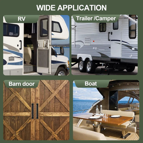 Image showing wide applications of RV Grab Handle Set Aluminum Entry Door Assist Bar For Camper Trailer Truck Cargo Trailer And Boat 2 Pack Black Tough As Nails Rust Resistant Aluminum With ABS Mounts For Easy Secure Grip In Any Weather on an RV, camper trailer, barn door, and boat.