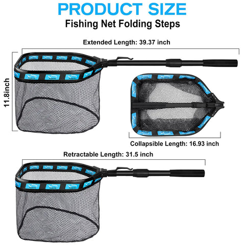 Floating Landing Net For Kayak Fishing With Rubber Coated Hoop And Foldable Telescopic Handle size and folding steps