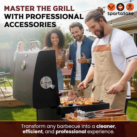 Man grilling meat with Ultimate Grill Master Gear Set for Blackstone Griddle Premium Stainless Steel BBQ Accessories
