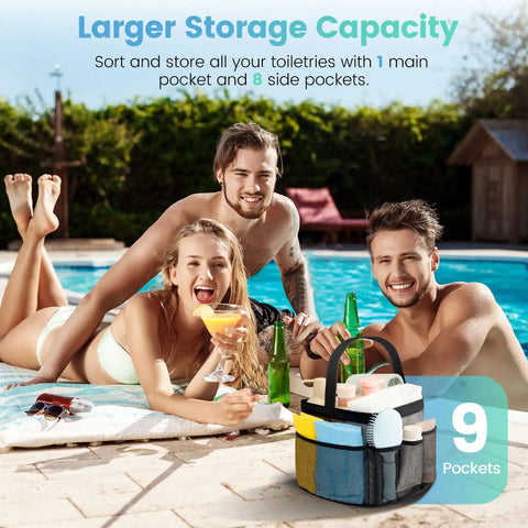 Durable Mesh Shower Caddy With Nine Pockets for dorm room essentials beside smiling friends at the poolside.