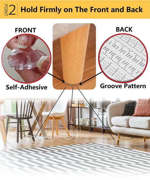 Lockdown Grip Non Slip Furniture Pads 12 Pack Clear Anti Skid Grippers For Hardwood Floors Durable Rubber Base No Nonsense Scratch Protection Stay Put, showing self-adhesive pads on furniture legs.